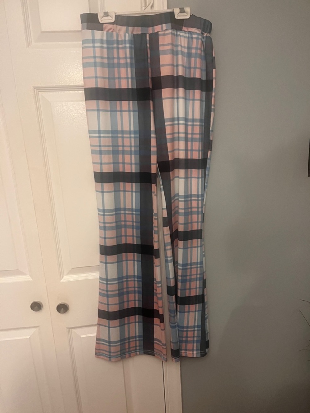 SHEIN Pink Blue Plaid Wide-Leg Pants